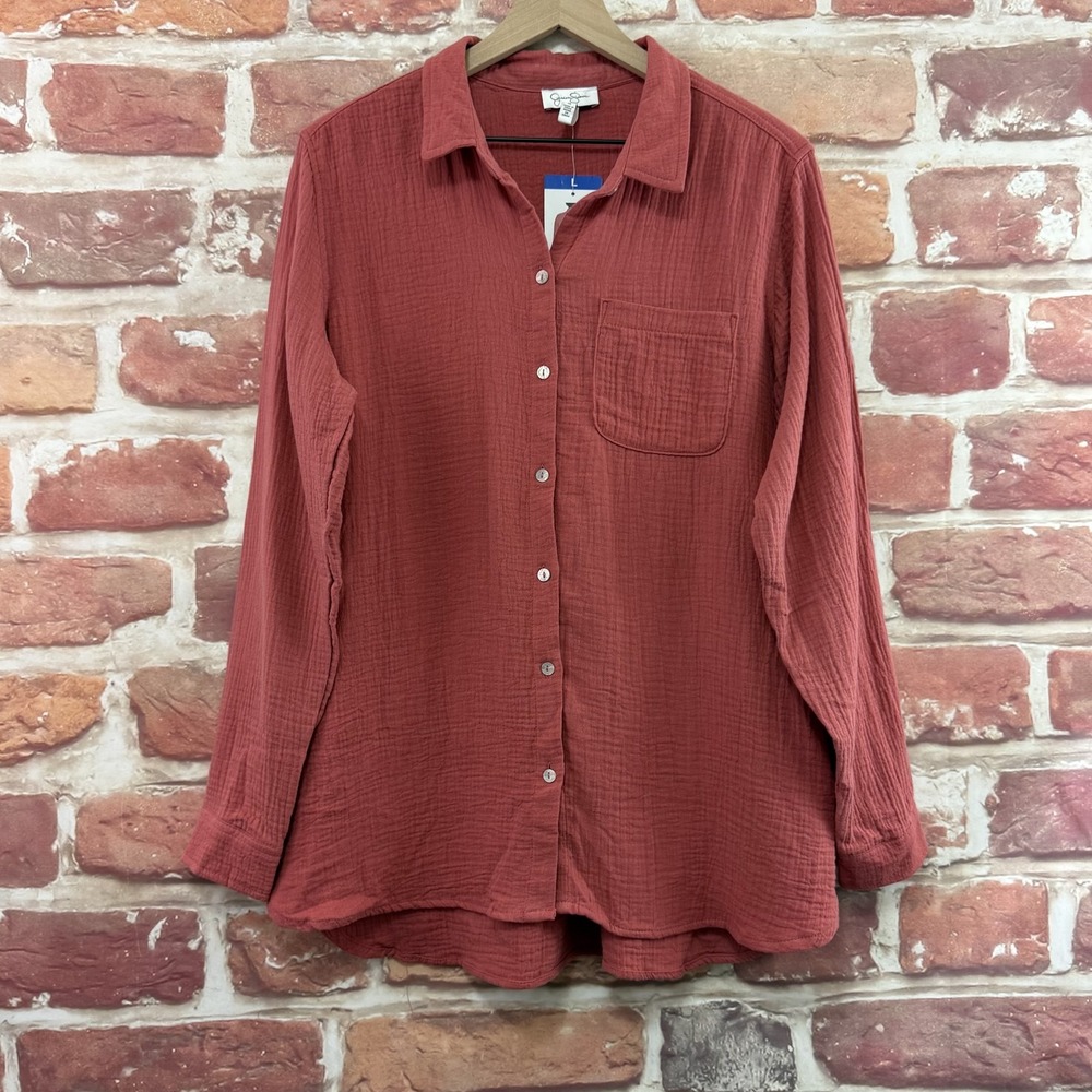 Jessica Simpson Top Women's Large Clay Red Pink Gauzy Button Up Casual Shirt